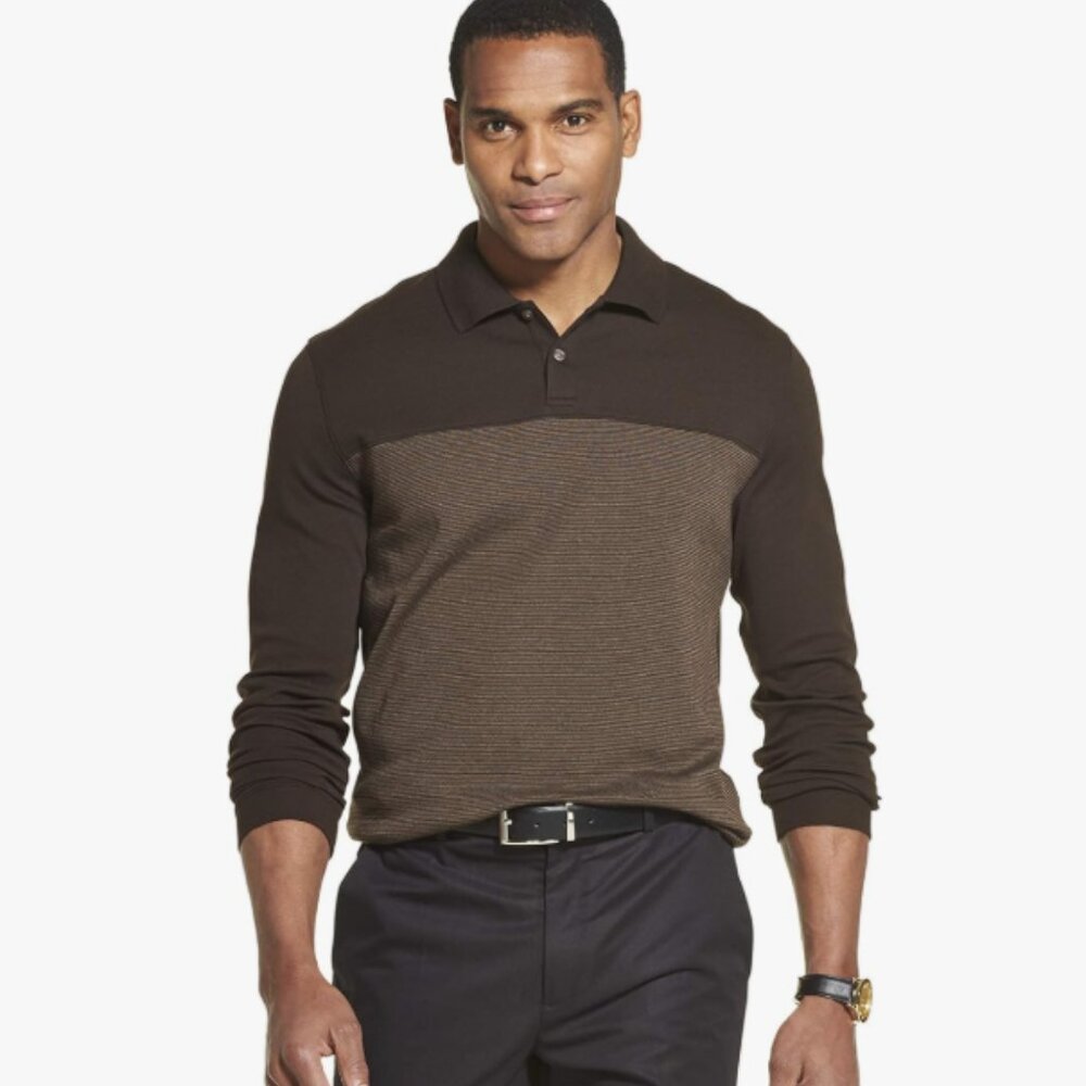 Van Heusen Men's Flex Long Sleeve Jaspe Burnt Umber Colorblock Polo Shirt MI3
